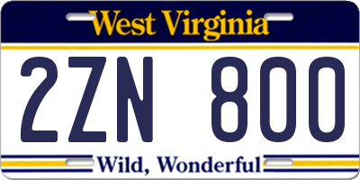 WV license plate 2ZN800