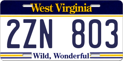 WV license plate 2ZN803