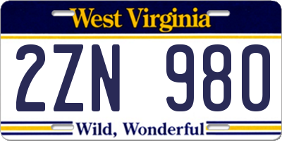 WV license plate 2ZN980