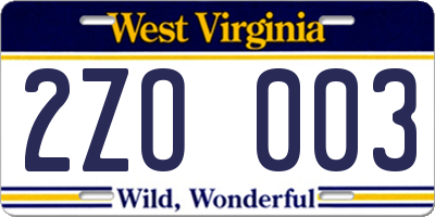 WV license plate 2ZO003