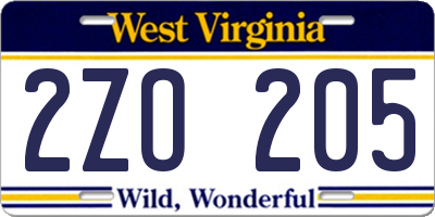 WV license plate 2ZO205