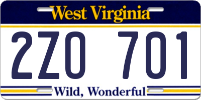 WV license plate 2ZO701