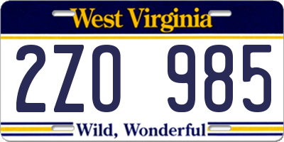 WV license plate 2ZO985