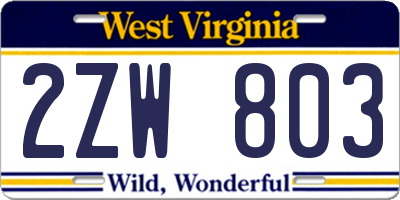 WV license plate 2ZW803