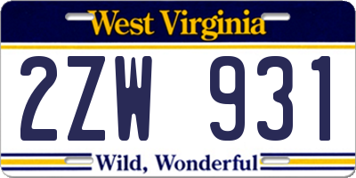 WV license plate 2ZW931