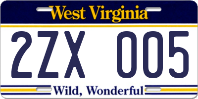 WV license plate 2ZX005