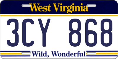 WV license plate 3CY868