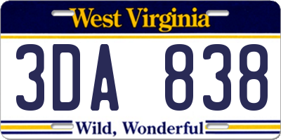 WV license plate 3DA838