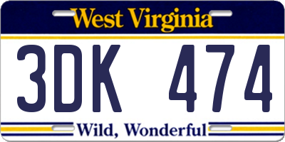 WV license plate 3DK474