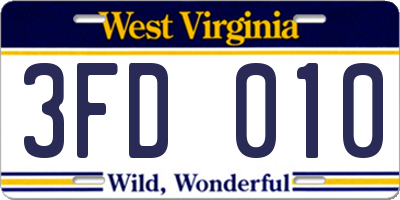 WV license plate 3FD010