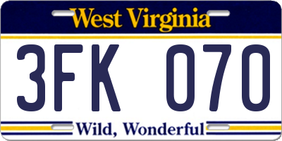 WV license plate 3FK070