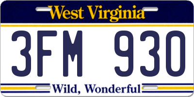 WV license plate 3FM930