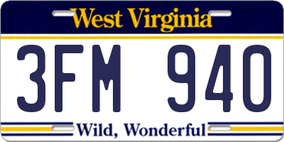 WV license plate 3FM940