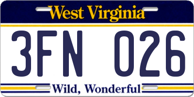 WV license plate 3FN026