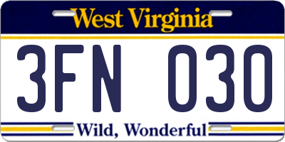 WV license plate 3FN030