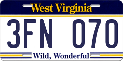 WV license plate 3FN070