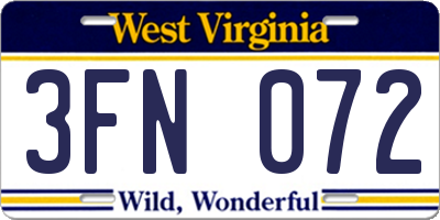 WV license plate 3FN072