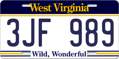 WV license plate 3JF989