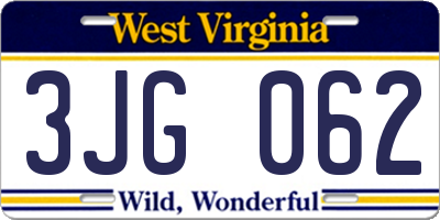 WV license plate 3JG062