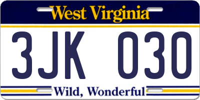 WV license plate 3JK030