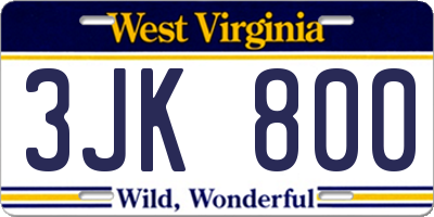 WV license plate 3JK800