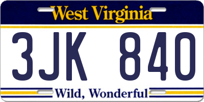 WV license plate 3JK840