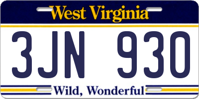 WV license plate 3JN930