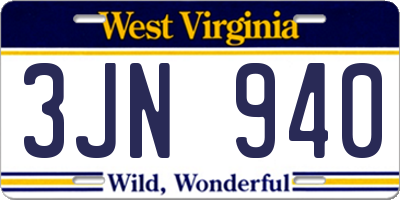 WV license plate 3JN940