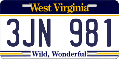 WV license plate 3JN981