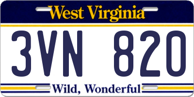WV license plate 3VN820