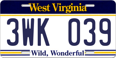 WV license plate 3WK039