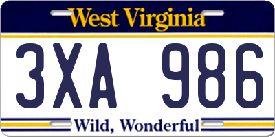WV license plate 3XA986