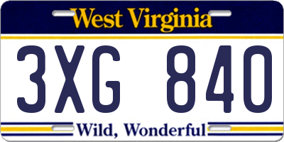 WV license plate 3XG840