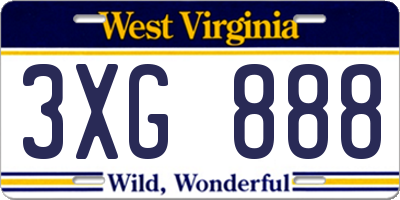 WV license plate 3XG888