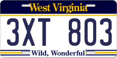 WV license plate 3XT803