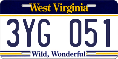 WV license plate 3YG051