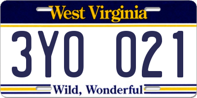 WV license plate 3YO021