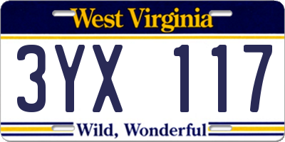 WV license plate 3YX117