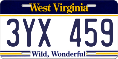WV license plate 3YX459