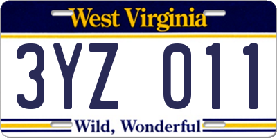 WV license plate 3YZ011