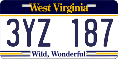 WV license plate 3YZ187