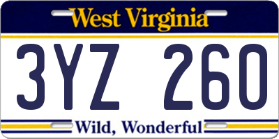 WV license plate 3YZ260