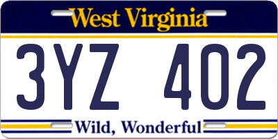 WV license plate 3YZ402