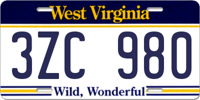 WV license plate 3ZC980
