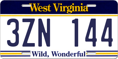 WV license plate 3ZN144