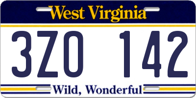 WV license plate 3ZO142