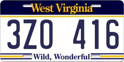 WV license plate 3ZO416
