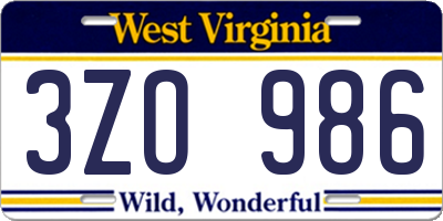 WV license plate 3ZO986