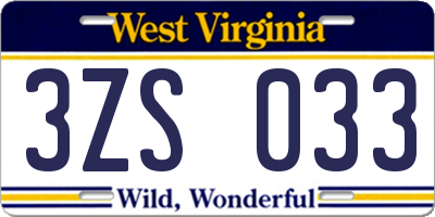 WV license plate 3ZS033