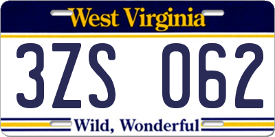 WV license plate 3ZS062